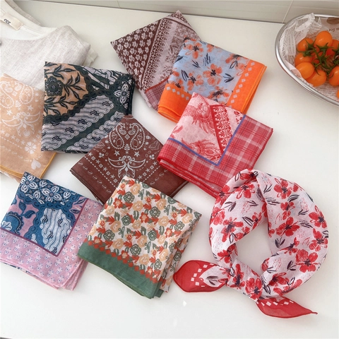 Vintage Floral Paisley Cotton Linen Small Square Scarf Breathable Neck Bandana Head Wrap Bag Accessory