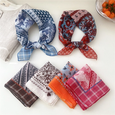 Vintage Floral Paisley Cotton Linen Small Square Scarf Breathable Neck Bandana Head Wrap Bag Accessory