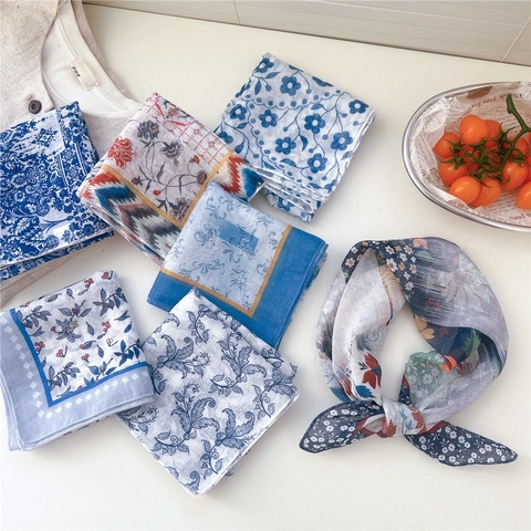 Pañuelo Cuadrado Estampado Floral Retro Algodón Lino Transpirable Bandana Diadema Bufanda Para Mujer Accessorios