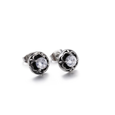 Gothic Stud Earrings 316L Stainless Steel Vintage Carved Round Cubic Zirconia Retro Punk Jewelry Men