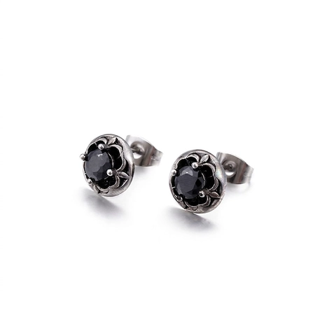 Gothic Stud Earrings 316L Stainless Steel Vintage Carved Round Cubic Zirconia Retro Punk Jewelry Men