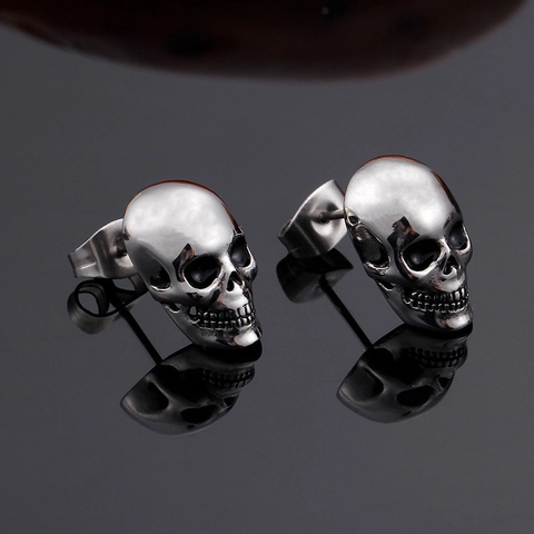 Skull Stud Earrings Stainless Steel Punk Gothic Rock Skeleton Jewelry For Men Women Vintage Silver Color