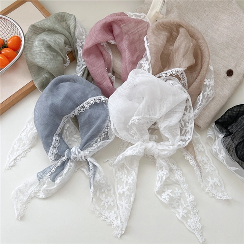 Sciarpa Triangolare Bandana Donna Bordo Pizzo Floreale Tessuto Chiffon Sottile Retro Francese Testa Collo Primavera Estate