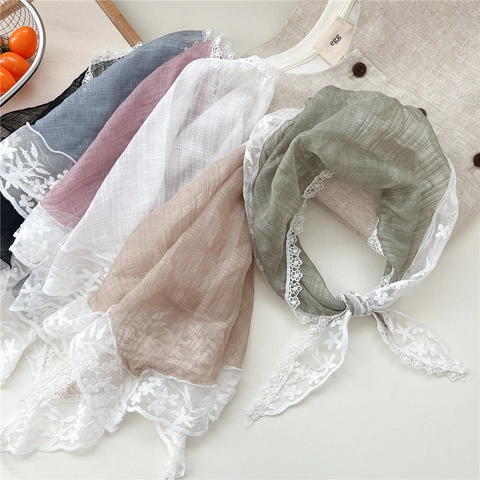Sciarpa Triangolare Bandana Donna Bordo Pizzo Floreale Tessuto Chiffon Sottile Retro Francese Testa Collo Primavera Estate