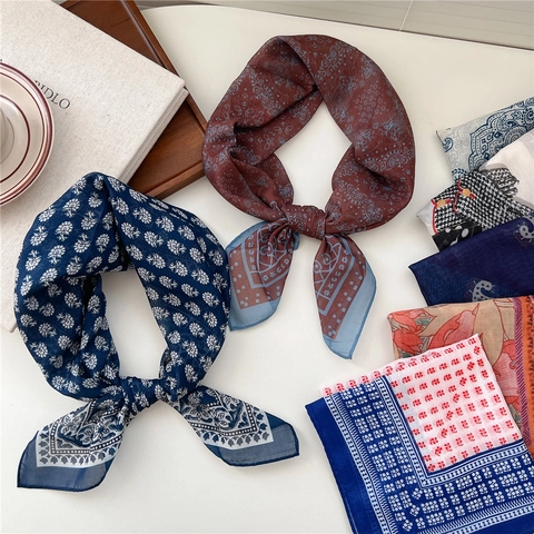 Women Vintage Satin Square Scarf Elegant Paisley Floral Printed Neck Scarf Fashionable Hair Band Bag Scarf Accessories