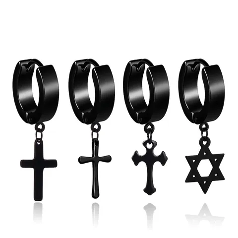 Orecchini A Cerchio Con Croce Acciaio Inossidabile Punk Gothic Hip Hop Gioielli Per Uomo Donna Esagramma Stella Di David