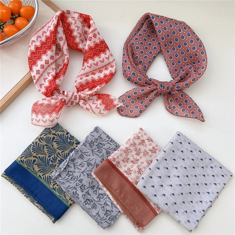 Piccolo Foulard Quadrato Retro Traspirante Morbido Misto Cotone Lino Bandana Stampata Fascia Per Capelli Da Donna