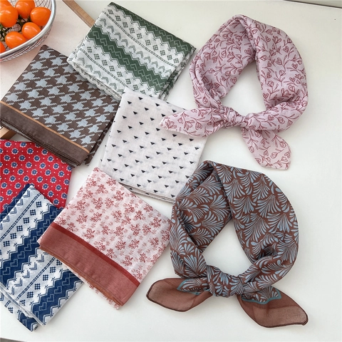 Piccolo Foulard Quadrato Retro Traspirante Morbido Misto Cotone Lino Bandana Stampata Fascia Per Capelli Da Donna