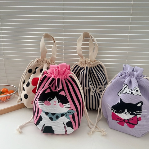 Kawaii Cartoon Gestrickte Kordelzug Handtasche Leichte Tragbare Kleine Eimer Tasche Für Damen Alltag