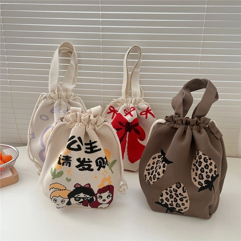 Kawaii Cartoon Gestrickte Kordelzug Handtasche Leichte Tragbare Kleine Eimer Tasche Für Damen Alltag