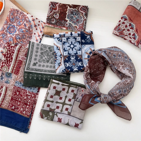 Carré De Satin Vintage Imprimé Paisley Coton Mélangé Bandana Respirant Pour Femme Style Bohème Rétro Foulard De Cou