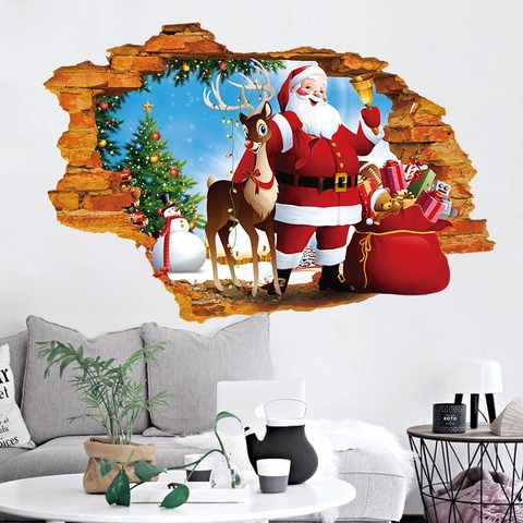 Weihnachten 3D Wandaufkleber PVC Weihnachtsmann Rentier Schneemann Baum Wohnzimmer Feiertag Dekoration