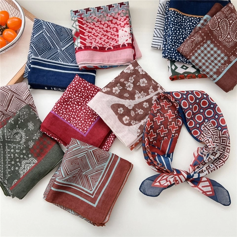 Foulard Quadrato Stampato Donna Misto Cotone Sciarpa Leggera Bandana Retrò Motivo Geometrico Paisley Floreale Accessorio Moda