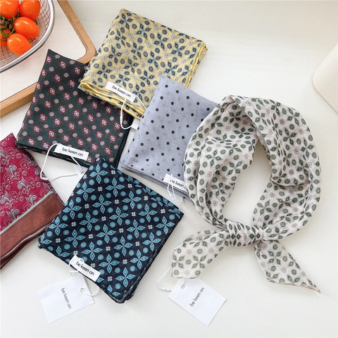 Vintage Print Square Scarf Cotton Polyester Blend Bandana Women Retro Polka Dot Geometric Headscarf Hair Wrap Neck Accessory