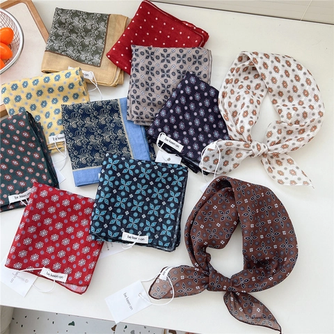 Vintage Print Square Scarf Cotton Polyester Blend Bandana Women Retro Polka Dot Geometric Headscarf Hair Wrap Neck Accessory