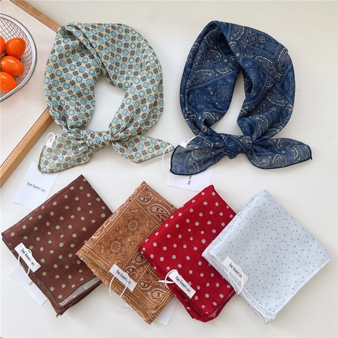 Polka Dot Paisley Geometric Print Square Scarf Polyester Cotton Blend Neckerchief For Women Retro Headband Hair Wrap Accessory