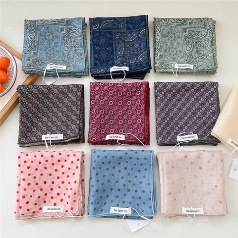Polka Dot Paisley Geometric Print Square Scarf Polyester Cotton Blend Neckerchief For Women Retro Headband Hair Wrap Accessory