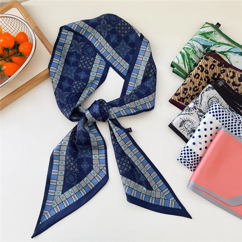Women Double Sided Printed Narrow Satin Scarf Elegant French Style Twilly Necktie Hair Band Bag Ribbon