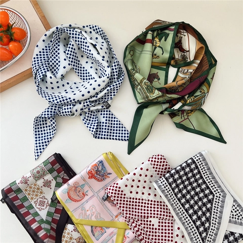 Women Double Sided Printed Narrow Satin Scarf Elegant French Style Twilly Necktie Hair Band Bag Ribbon