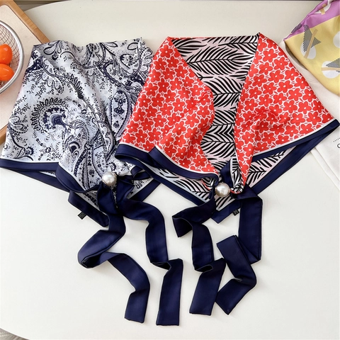 Women Satin Like Neck Scarf With Magnetic Artificial Pearl Buckle Floral Print Triangle Neckerchief Elegant Ribbon Bow Tie Accessory