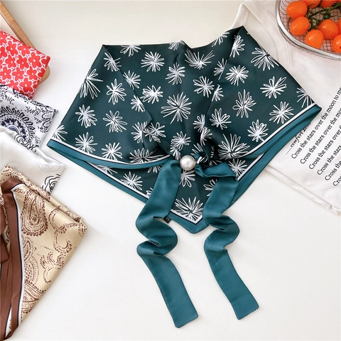 Women Satin Like Neck Scarf With Magnetic Artificial Pearl Buckle Floral Print Triangle Neckerchief Elegant Ribbon Bow Tie Accessory