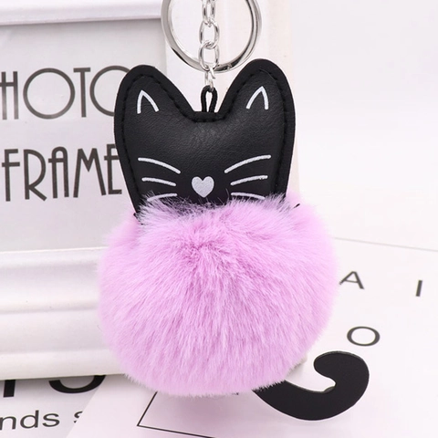 Mignon Chat Peluche Porte-Clés Boule Fourrure Synthétique Pompon PU Cuir Animal Sac Charme Pendentif Pour Femmes Filles Cadeau