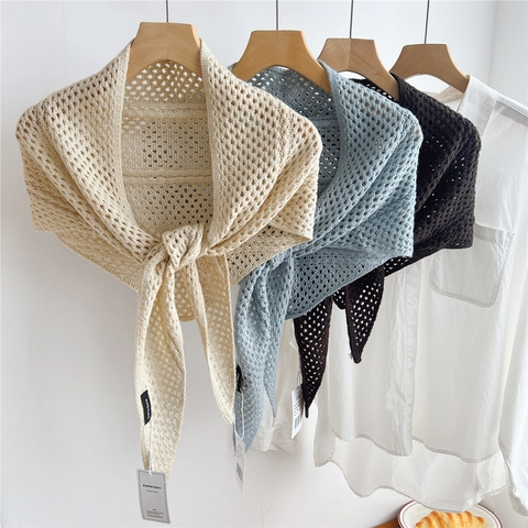 Chal Bufanda Triangular De Punto Calado Para Mujer Malla Color Sólido Mezcla Lana Merino Cálido Elegante Moda