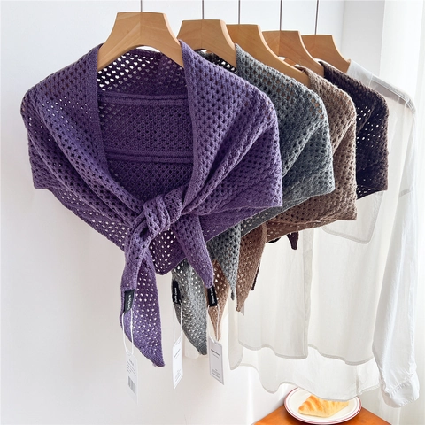 Chal Bufanda Triangular De Punto Calado Para Mujer Malla Color Sólido Mezcla Lana Merino Cálido Elegante Moda