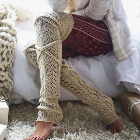 Women Leg Warmers Over The Knee Cable Knit Acrylic Lace Up Bow Solid Color Winter Warm Chic Long Socks
