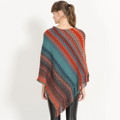 Poncho Tricot Femme Châle Acrylique Motif Zigzag Ourlet À Franges Pullover Coupe Ample Automne Hiver Cape