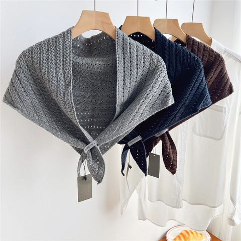Bufanda Triangular De Punto Para Mujer Ahuecado Rayas Mezcla De Lana Cálida Chal De Hombro Color Sólido Moda Calentador De Cuello