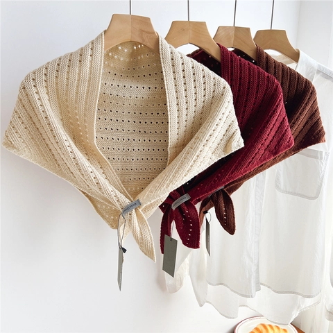 Bufanda Triangular De Punto Para Mujer Ahuecado Rayas Mezcla De Lana Cálida Chal De Hombro Color Sólido Moda Calentador De Cuello