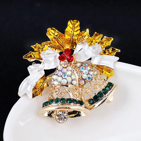 Spilla Campane di Natale per Donna in Lega d'Oro Strass Smalto Fiocco Foglia di Agrifoglio Spille Festive Gioielli Regalo