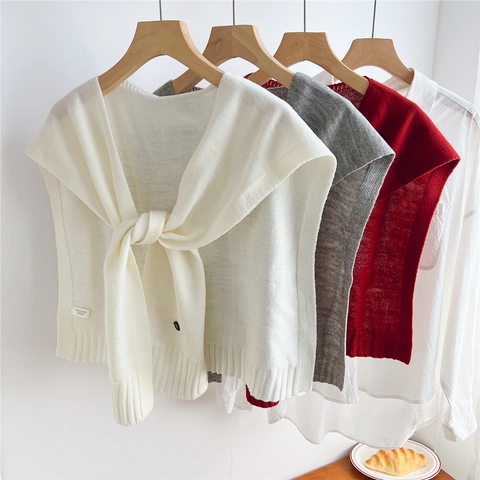 Scialle In Maglia Misto Lana Finto Colletto Lacci Frontali Coprispalle Tinta Unita Elegante Decorativo Versatile Donna
