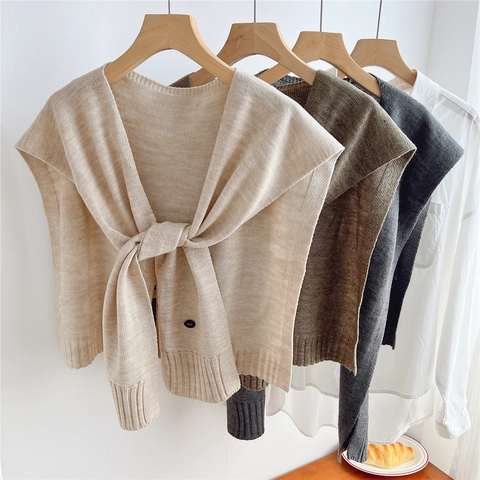 Scialle In Maglia Misto Lana Finto Colletto Lacci Frontali Coprispalle Tinta Unita Elegante Decorativo Versatile Donna