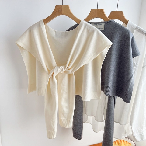 Gebreide Sjaal Voor Dames Effen Kleur Striksluiting Decoratieve Valse Kraag Schouder Laagjes Accessoire Chic Casual