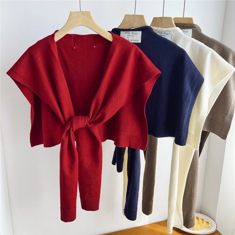 Gebreide Sjaal Voor Dames Effen Kleur Striksluiting Decoratieve Valse Kraag Schouder Laagjes Accessoire Chic Casual