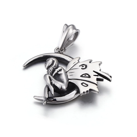 Colgante De Hada En Luna Creciente Vintage Acero Inoxidable Alas De Ángel Joyería Misterio