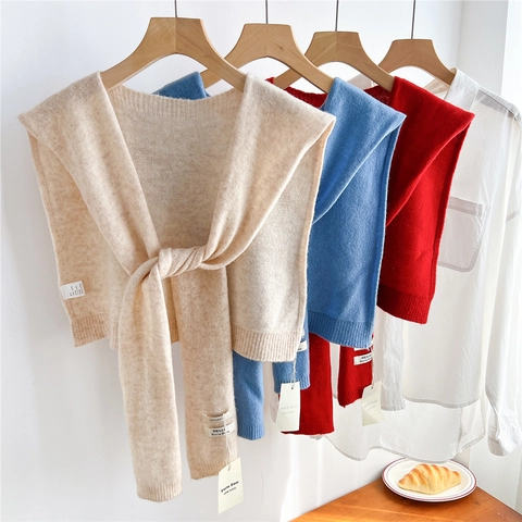 Knitted Wool Shawl Solid Color Tie Knot Wrap Scarf Soft Decorative Fake Collar Elegant Women Accessory