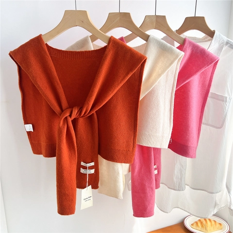Knitted Wool Shawl Solid Color Tie Knot Wrap Scarf Soft Decorative Fake Collar Elegant Women Accessory