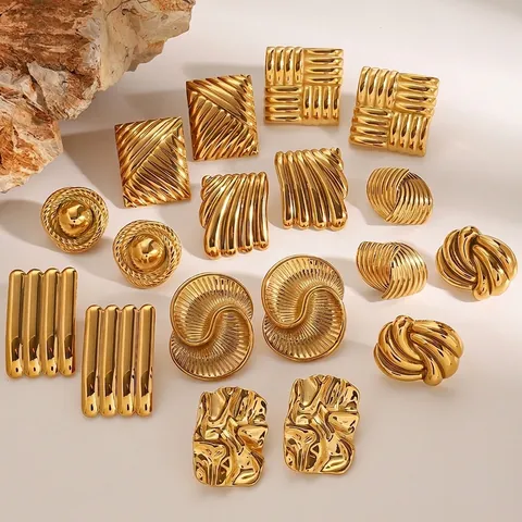 Stainless Steel Geometric Stud Earrings Gold Plated Textured Chunky Vintage Minimalist Boho Hypoallergenic Jewelry For Women