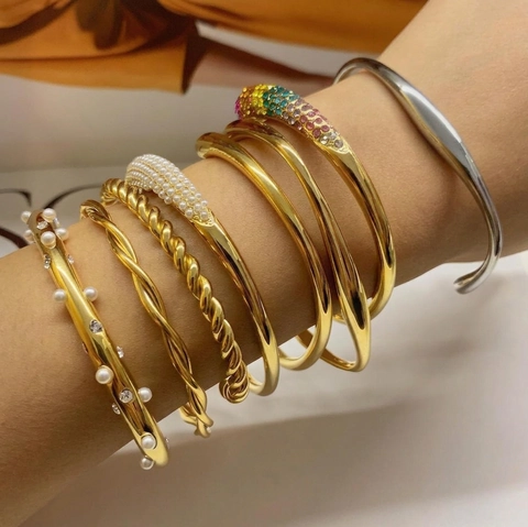 Stainless Steel Bangle Bracelet 18K Gold Plated Multi Layer Rhinestone Artificial Pearl Geometric Fashion Jewelry For Women