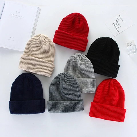 Winter Warm Beanie Hat Acrylic Knit Ribbed Texture Thickened Cuffed Solid Color Slouchy Skull Cap Unisex Outdoor