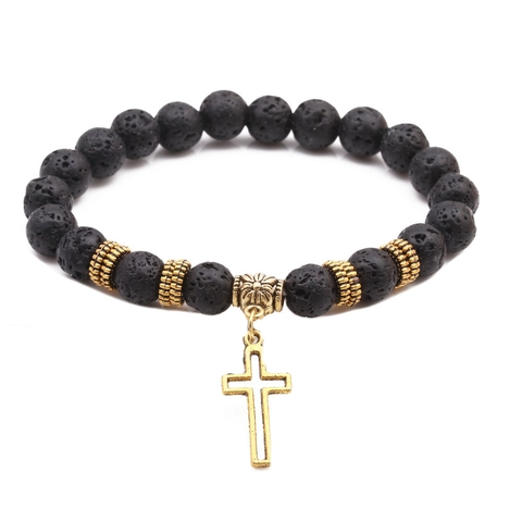 Bracciale di Perline con Ciondolo a Croce in Pietra Lavica Naturale Gioielli per Meditazione Yoga Distanziatori in Lega per Uomo Donna