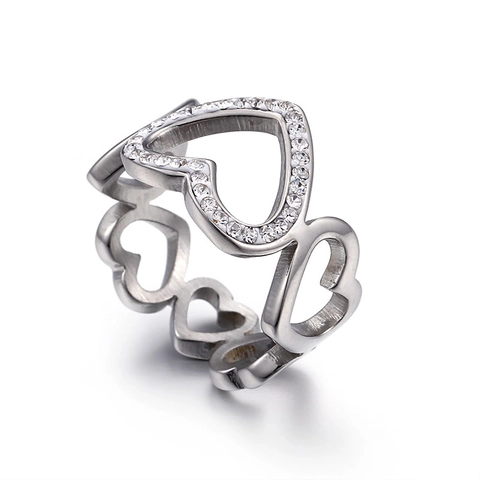 Hollow Heart Link Ring Stainless Steel 18K Gold Plated Micro Pave Cubic Zirconia Romantic Fashion Jewelry For Women