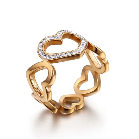 Hollow Heart Link Ring Stainless Steel 18K Gold Plated Micro Pave Cubic Zirconia Romantic Fashion Jewelry For Women