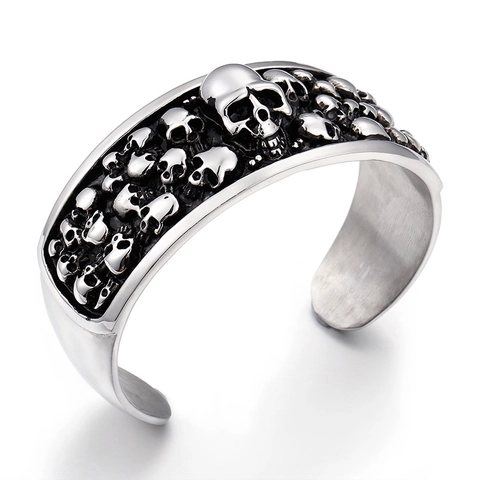 Men's Gothic Skull Open Cuff Bangle Vintage Punk 316L Stainless Steel Heavy Metal Rock Bracelet Retro Jewelry