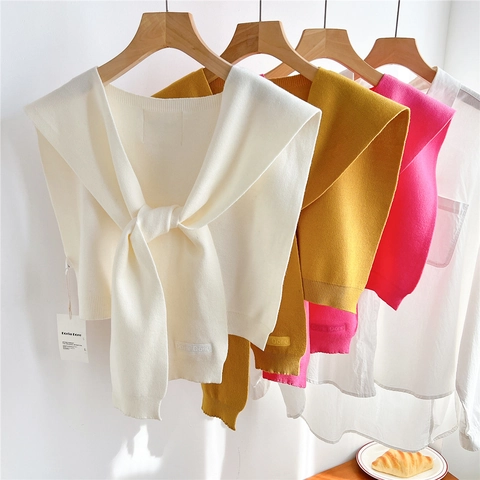 Women Knitted Shawl Soft Solid Color Tie-Front Capelet Fashion Knotted Shoulder Wrap Chic Korean Style