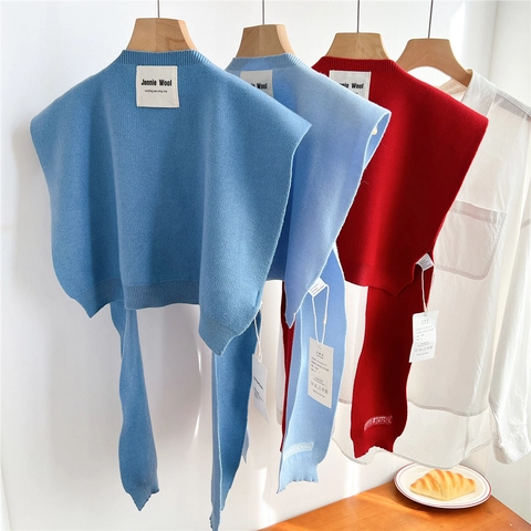 Women Knitted Shawl Soft Solid Color Tie-Front Capelet Fashion Knotted Shoulder Wrap Chic Korean Style