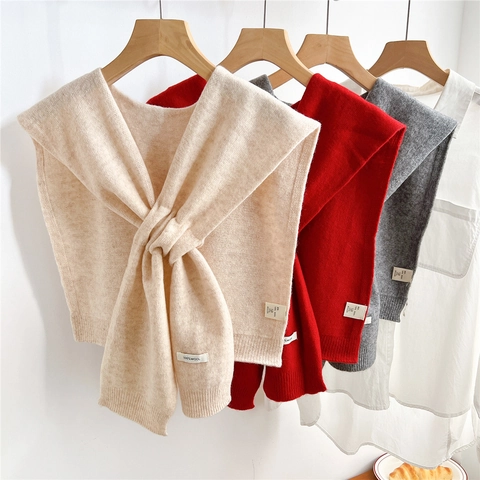 Sciarpa A Maglia In Pura Lana Da Donna Tinta Unita Con Spacco Scaldacollo Elegante Scialle Chic Coprispalle Autunnale
